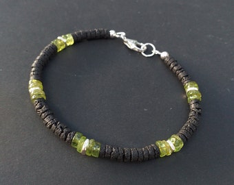 Peridot with Lava Men Bracelet 5mm with Hilltribe Silver and 925 Sterling Silver, Peridot Jewelry for Men, August Birthday Gift for Him