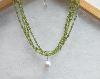 Peridot Oval Shape with Baroque Pearl Multi Strands (4 strands) 925 Silver Necklace, Peridot Bib, Chunky, Statement Necklace