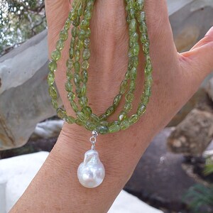 Peridot Oval Shape with Baroque Pearl Multi Strands 4 strands 925 Silver Necklace, Peridot Bib, Chunky, Statement Necklace image 2