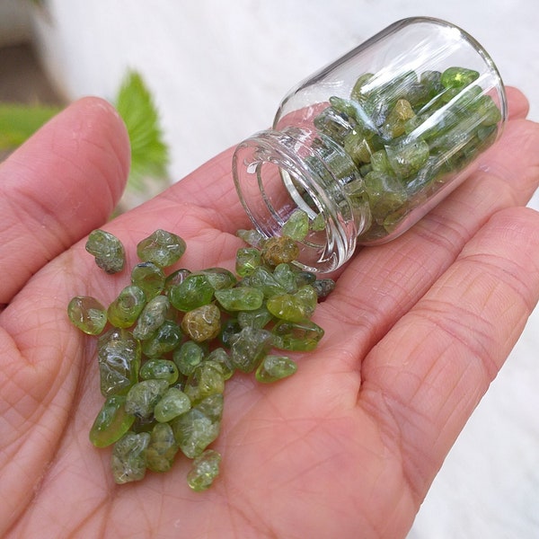 Gemstone Arizona Peridot -  Olivine Tumble Polished Mine Run Grade Glass  Bottle  With Cork Wholesale Pricing Peridot Stone