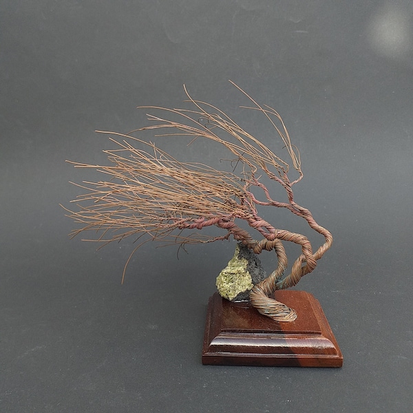 Wire Sculpture Windswept Canary Island Pine Tree on Brazailin Hard Wood Base  With Lanzarote Olivine Specimen