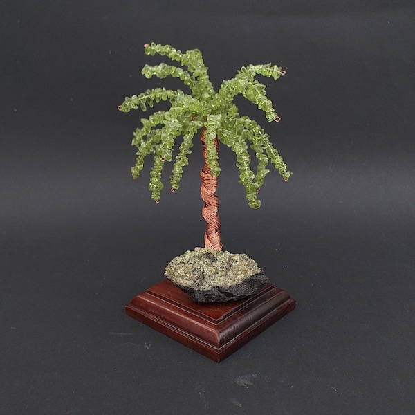 Peridot Gemstone Tree -Wire Sculpture Gemstone Canary Islands Palm Tree With Lanzarote Olivine Mineral Specimen On Brazilian Hard Wood  Base