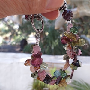 Rainbow Tourmaline Cluster, Garnet 10mm, 925 Bali Silver Bracelet, Artisan Bracelet, Rainbow Tourmaline Slab Beads Bracelet image 1