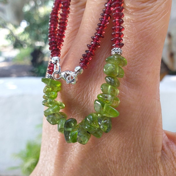 Peridot and Red Garnet 925 Sterling Silver Necklace, Raw Gemstone Necklace, August Birthstone Necklace
