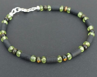 Peridot Men Bracelet 4mm, Matted Black Obsidian ,Tigereye Men Bracelet 925 Sterling Silver, Peridot Jewelry For Men