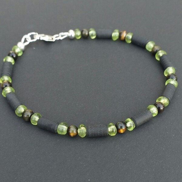 Peridot Men Bracelet 4mm, Matted Black Obsidian ,Tigereye Men Bracelet 925 Sterling Silver, Peridot Jewelry For Men