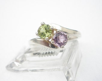 Natural Gemstone Peridot - Natural Gemstone Amethyst - 925 Sterling Silver Two Faceted 4mm Stone, Ring August - February Birthstone