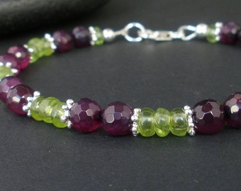 Gemstone Peridot and Purple Agate 925 Bali Sterling Silver Bracelet, August Birthstone, Peridot Rondelle Bracelet Peridot Stone Agate Stone