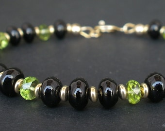 Peridot and Black Onyx Bracelet,14kt Gold Filled Bracelet, Faceted Peridot Rondelle Bracelet, Black Onyx Bracelet, August Birthstone