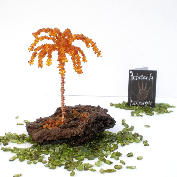 Natural Fossilized Tree Resin Wire Sculpture Gemstone Canary Islands Palm Tree