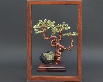 Peridot Gemstone Tree - Windswept Gemstone Peridot Bonsai Canary Island Pine Tree  Sculpture On Wooden Base With Olivine Mineral Specimen