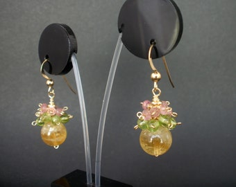 Honey Citrine, Pink Tourmaline and Peridot Cluster 14kt Gold Filled Dangle Earrings, Gemstone Cluster Earrings