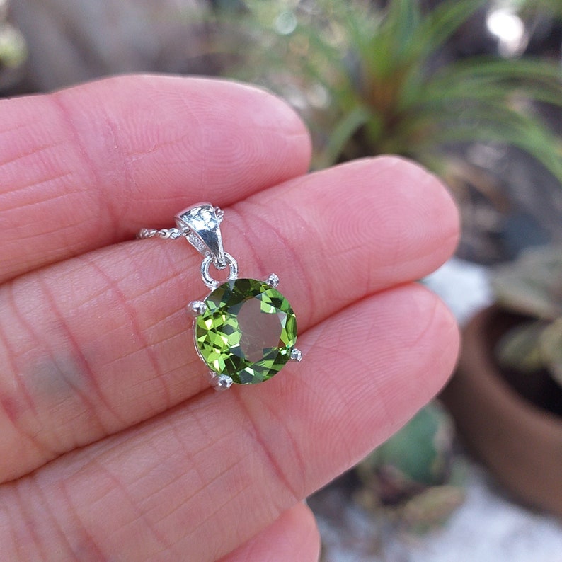 Gemstone Peridot 9.0mm Faceted Round Gemstone 925 Sterling Silver Pendant with Chain, Peridot Faceted Pendant, August Birthstone image 3