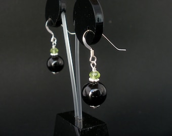Peridot and Black Tourmaline Dangle Earrings, Black Tourmaline Earrings, Peridot Earrings, August - October Birthstone
