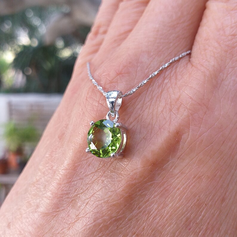 Gemstone Peridot 9.0mm Faceted Round Gemstone 925 Sterling Silver Pendant with Chain, Peridot Faceted Pendant, August Birthstone image 6