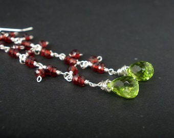 Peridot Faceted Briolette and Red Garnet 925 Silver Long Dangle Earrings, August Birthstone,Peridot Briolette Dangle Earrings