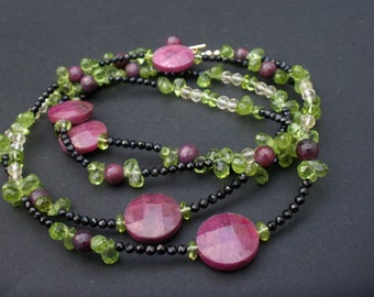 Ruby, Citrine, Peridot and Black Spinel Long Necklace 37" (94cm) Peridot Long Necklace, Ruby Long Necklace, Multi Stone Long Necklace