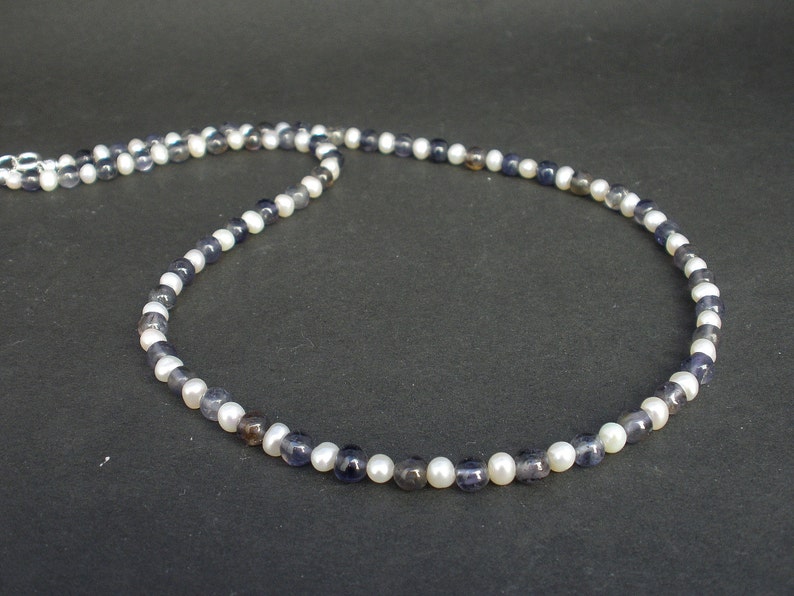 Natural Gemstone Iolite and White Pearl Necklace 5mm, 925 Sterling Silver, Iolite Necklace, White Pearl Necklace, June Birthstone image 4