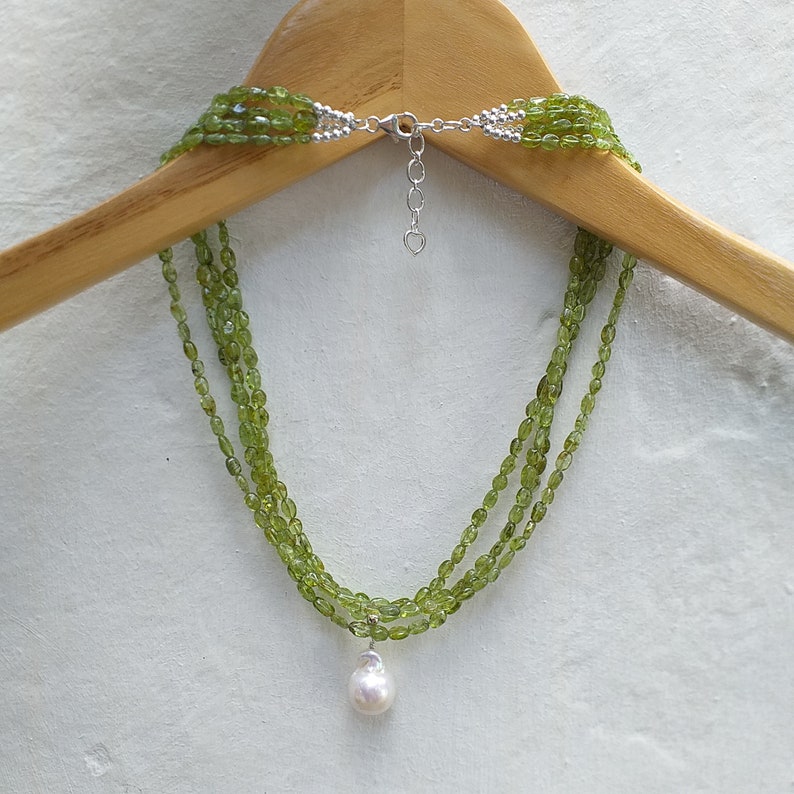 Peridot Oval Shape with Baroque Pearl Multi Strands 4 strands 925 Silver Necklace, Peridot Bib, Chunky, Statement Necklace image 9