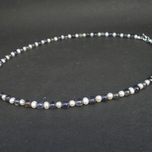 Natural Gemstone Iolite and White Pearl Necklace 5mm, 925 Sterling Silver, Iolite Necklace, White Pearl Necklace, June Birthstone image 3