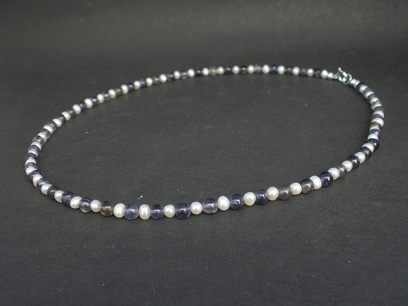 Natural Gemstone Iolite and White Pearl Necklace 5mm, 925 Sterling Silver, Iolite Necklace, White Pearl Necklace, June Birthstone image 3