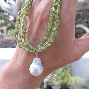 Peridot Oval Shape with Baroque Pearl Multi Strands 4 strands 925 Silver Necklace, Peridot Bib, Chunky, Statement Necklace image 4