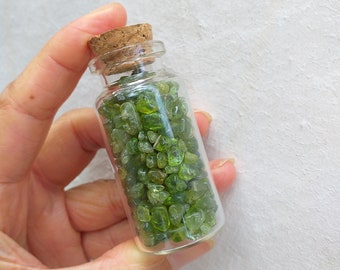 Gemstone Arizona Peridot -  Olivine Tumble Polished Mine Run Grade Glass  Bottle  With Cork Wholesale Pricing Peridot Stone PT84