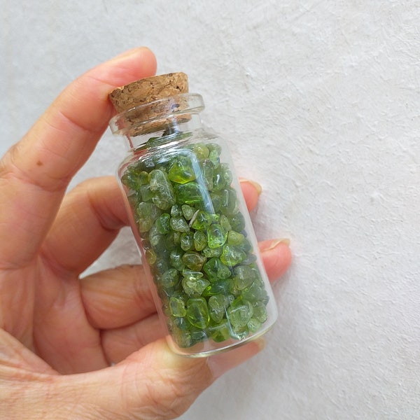 Gemstone Arizona Peridot -  Olivine Tumble Polished Mine Run Grade Glass  Bottle  With Cork Wholesale Pricing Peridot Stone PT84