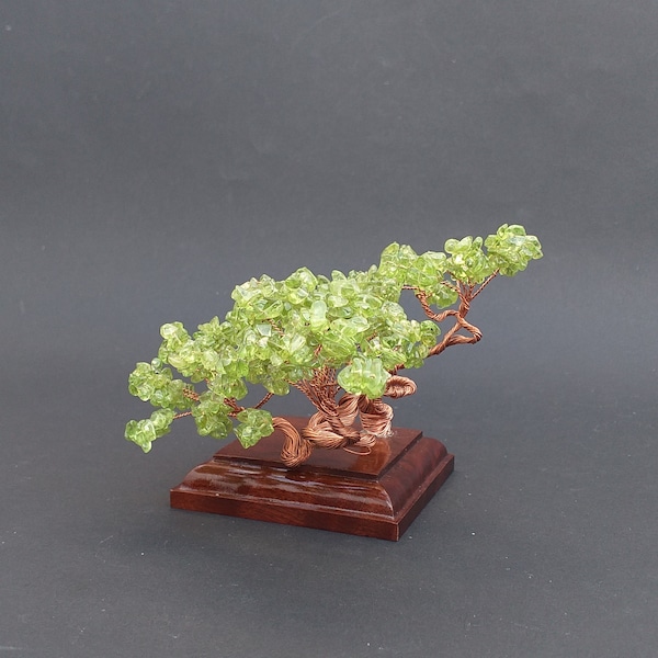 Peridot Gemstone Tree - Windswept Gemstone Peridot Bonsai Canary Island Pine Tree Lanzarote Sculpture On Wooden Base - August Birthstone