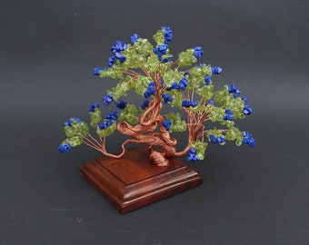 Peridot Gemstone Tree - Windswept Peridot and Lapis Bonsai Canary Island Pine Tree Lanzarote Sculpture On Wooden Base - August Birthstone