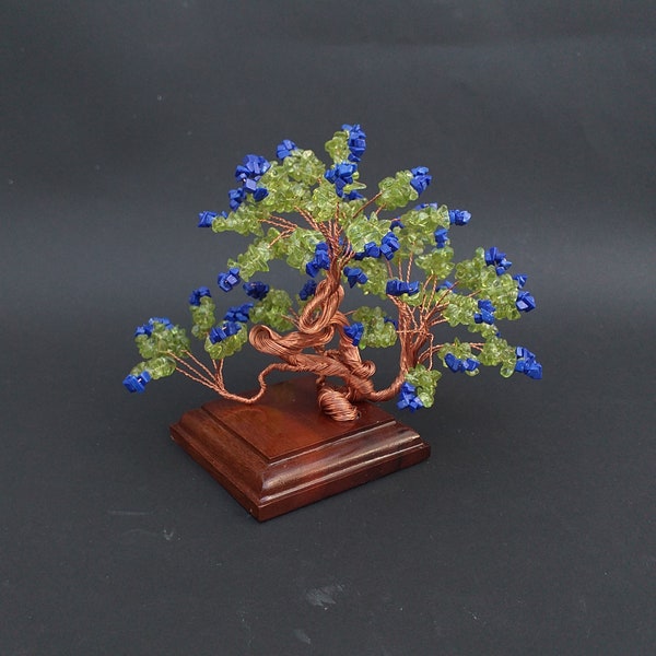 Peridot Gemstone Tree - Windswept Peridot and Lapis Bonsai Canary Island Pine Tree Lanzarote Sculpture On Wooden Base - August Birthstone