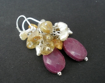 Ruby Faceted Oval Shape 925 Sterling Silver Leverback Earrings, Keshi Pearl Cluster Earrings, Gold Rutilated Quartz Cluster Earrings