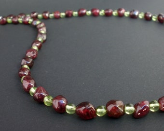 Gemstone Peridot and Red Garnet 925 Sterling Silver Necklace, Raw Stone Necklace, August Birthstone Necklace Peridot Stone