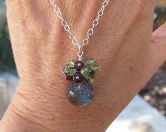 Blue Flash Labradorite with Peridot and Garnet Cluster Pendant Necklace 925 Sterling Silver, Gemstone Cluster Necklace