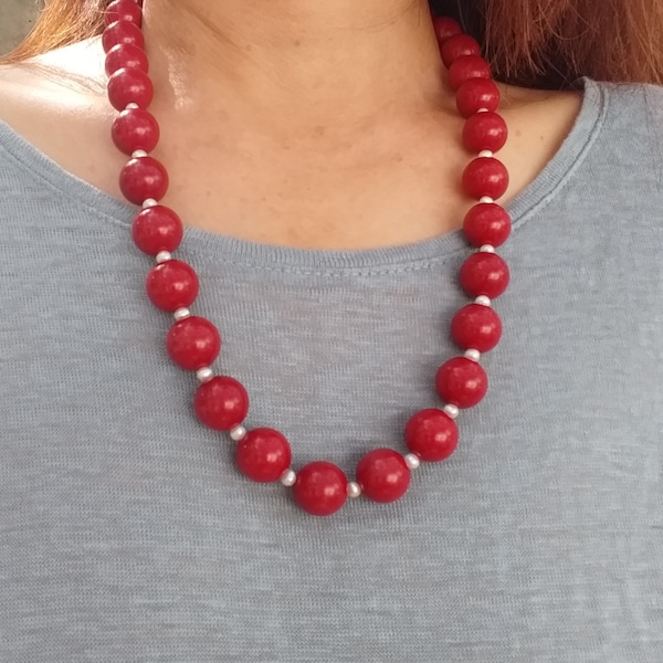 Deep Red Sea Bamboo Coral 14mm with White Pearl 925 Sterling Silver Necklace, June Birthstone, Coral Necklace, Pearl Necklace