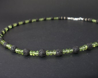 Black Lava and Peridot Rondelle 925 Silver Necklace , Peridot Necklace, Lava Necklace, Lava and Peridot, August Birthday, Lanzarote Necklace