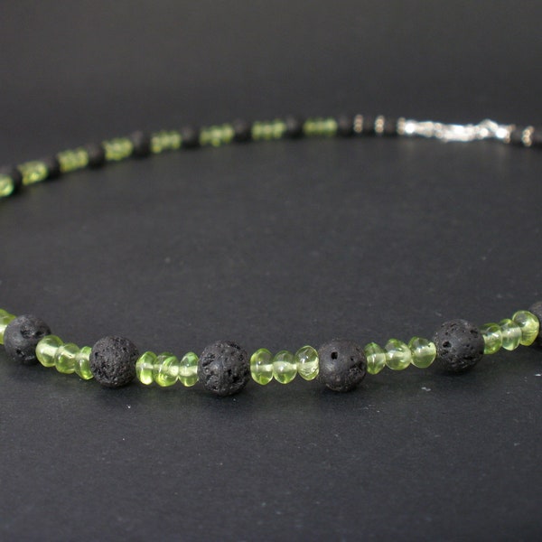 Black Lava and Peridot Rondelle 925 Silver Necklace , Peridot Necklace, Lava Necklace, Lava and Peridot, August Birthday, Lanzarote Necklace