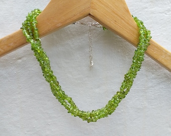 Arizona Peridot Multi Strands (3 strands) 925 Silver Statement Necklace, San Carlos Peridot Bib Necklace, Peridot Chunky Necklace, August