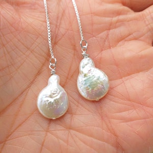 Keshi Pearl Threader Earrings, Kishi Pearl Teardrop Threader Earrings, 925 Sterling Silver, Keshi Pearl Dangle Earrings, June Birthstone