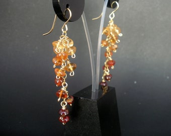 Hessonite Garnet Cluster Long Dangle Earrings 14kt Gold Filled, Gemstone Long Cluster Earrings, August Birthstone