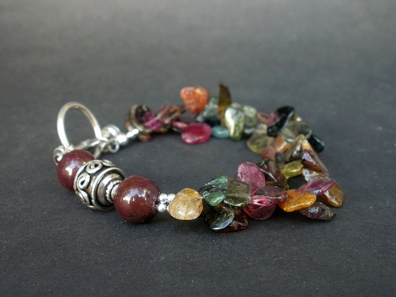 Rainbow Tourmaline Cluster, Garnet 10mm, 925 Bali Silver Bracelet, Artisan Bracelet, Rainbow Tourmaline Slab Beads Bracelet image 7