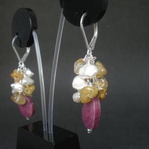 Ruby Faceted Oval Shape 925 Sterling Silver Leverback Earrings, Keshi Pearl Cluster Earrings, Gold Rutilated Quartz Cluster Earrings
