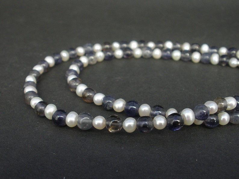 Natural Gemstone Iolite and White Pearl Necklace 5mm, 925 Sterling Silver, Iolite Necklace, White Pearl Necklace, June Birthstone image 1