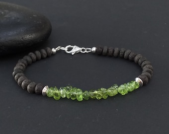 Peridot Nugget and Lava 6mm Men Bracelet 925 Sterling Silver, Raw Stone Men, Peridot Jewelry for Men, August Birthday Gift for Him