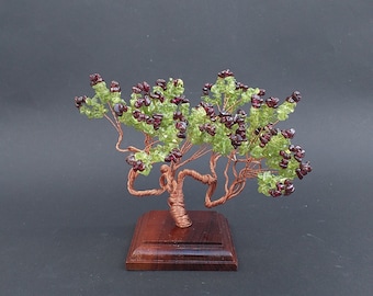 Peridot Gemstone Tree - Windswept Peridot and Garnet Bonsai Canary Island Pine Tree Lanzarote Sculpture On Wooden Base - August Birthstone