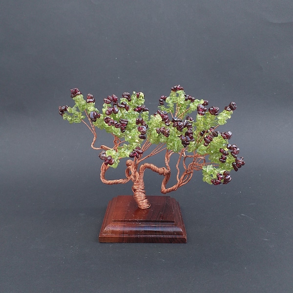 Peridot Gemstone Tree - Windswept Peridot and Garnet Bonsai Canary Island Pine Tree Lanzarote Sculpture On Wooden Base - August Birthstone