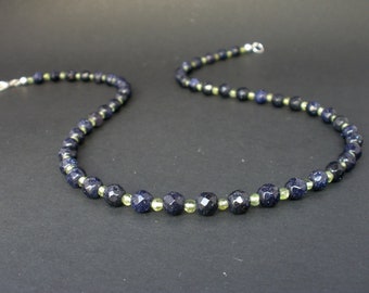 Peridot Gemstone and Faceted Blue Goldstone 925 Sterling Silver Necklace