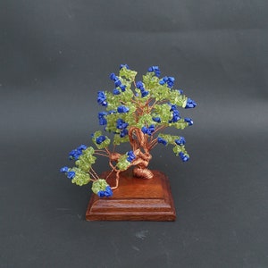 Peridot Gemstone Tree Windswept Peridot and Lapis Bonsai Canary Island Pine Tree Lanzarote Sculpture On Wooden Base August Birthstone image 5