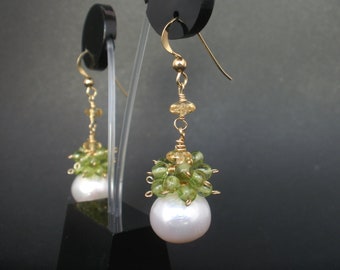 Big Pearl and Peridot and Citrine Cluster Earrings,14kt Gold Filled,Peridot Cluster Earrings, June Birthstone,August Birthstone