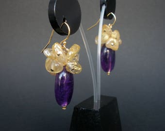 Deep Purple Amethyst and Golden Rutilated Quartz 14kt Goldfilled Cluster Earrings,Golden Rutilated Cluster Earrings,Amethyst Cluster Earring